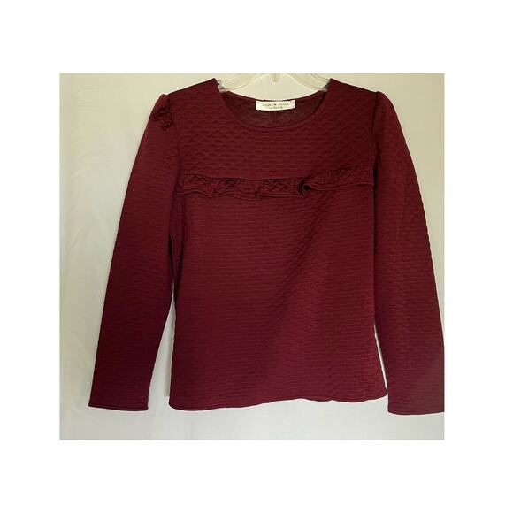 Love Kuza Tops - Women's Love Kuza Red Marron Quilted Ruffled Long Sleeve Blouse M Casual Top